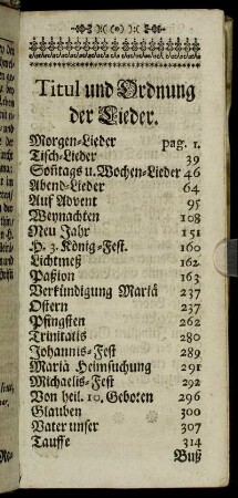 Titul und Ordnung der Lieder.
