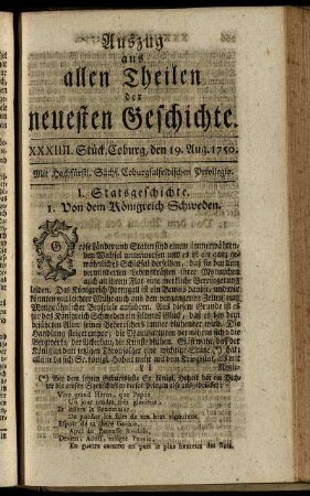 XXXIIII. Stück. Coburg, den 19. Aug. 1750.