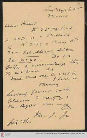 Briefe von Morris Jastrow an Carl Bezold: Karte von Morris Jastrow an Carl Bezold