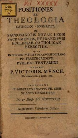 Positiones ex theologia ... de sacramentis Novae Legis