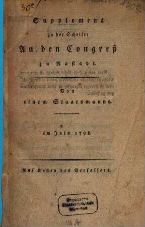 Supplement zu der Schrift: An den Congreß zu Rastadt