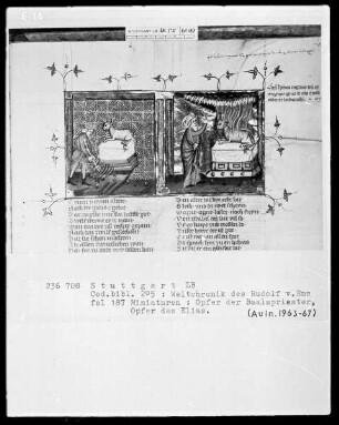 Weltchronik des Rudolf von Ems — Textseite mit Doppelminiatur, Folio 187recto