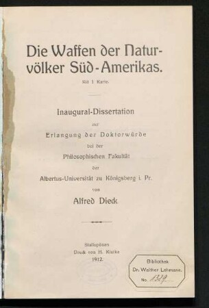 Die Waffen der Naturvölker Süd-Amerikas : mit 1 Kt.