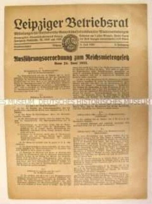 Sonderausgabe des gewerkschaftlichen Mitteilungsblattes "Leipziger Betriebsrat" zum Reichsmietengesetz