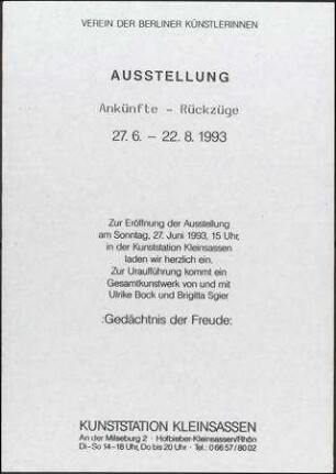 Ankünfte - Rückzüge Gedächtnis der Freude