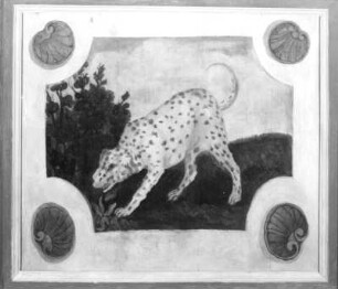 Jagdhund : Jagdhund. Öl? auf Holz (wohl 1630/1684; C. Schiebling und C. Wiebel zugeschrieben). Radebeul, Hoflößnitz, Berg- und Lusthaus, Berg- und Lusthaus, Wohnraum des Kurfürsten