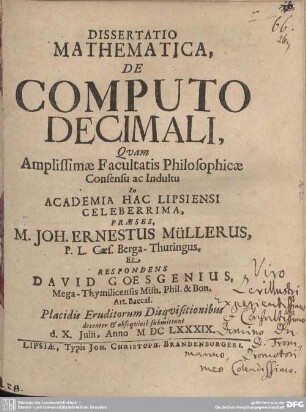 Dissertatio Mathematica, de Computo Decimali