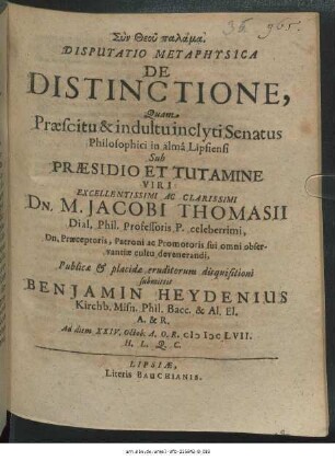 Disputatio Metaphysica De Distinctione