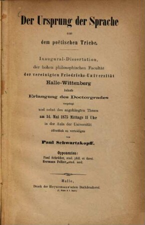 Der Ursprung der Sprache aus dem poëtischen Triebe : Inaugural-Dissertation