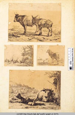 Oben: Landschaft mit Kuh und Esel.