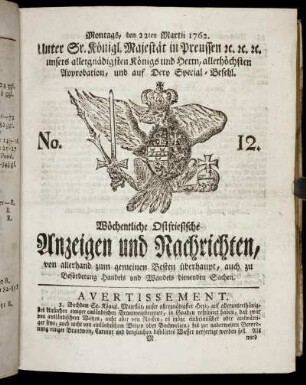 No. 12. Montags, den 22ten Martii 1762.