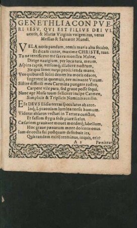 Genethliacon Pueri Iesu, Qui Est Filius Dei Viventis, & Mariae Virginis unigenitus, verus Messias & Salvator Mundi.