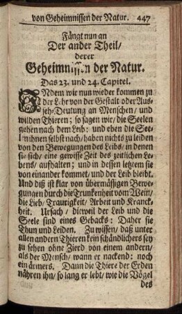 Fängt nun an Der ander Theil / derer Geheimnissen der Natur.