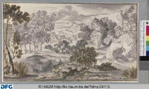 Bewaldete Hügellandschaft, im Vordergrund ein Fluss mit kleinem Wasserfall