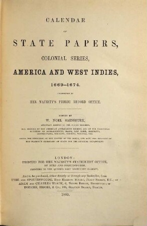 Calendar of state papers. Colonial series. America and West Indies. 1669/74