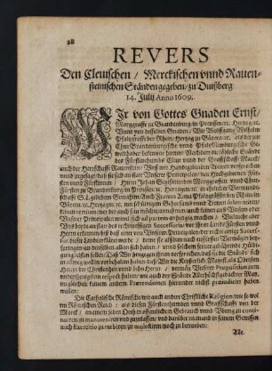 Revers Den Cleuischen/ Merckischen unnd Rauensteinischen Ständen gegeben/ zu Duißberg; 14. Julij Anno 1609.