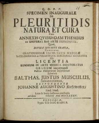 Specimen Inaugurale De Pleuritidis Natura Et Cura : Cum Annexis Quibusdam Thesibus ex Universa fere Arte Depromptis