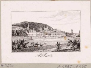 Schloss Pillnitz bei Dresden von Nordwesten über die Elbe gesehen