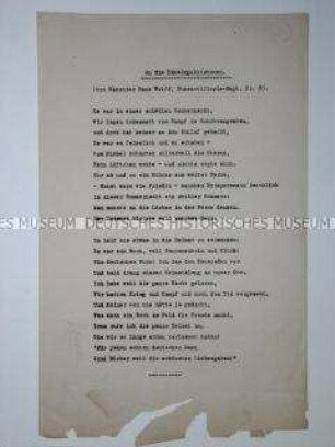 Flugblatt mit einem Gedicht eines Soldaten "an die Daheimgebliebenen" mit der Bitte um Bücher als Liebesgaben