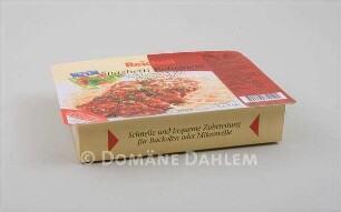 Fertiggericht- Verpackung für "Spaghetti Bolognese" der Firma "Reichelt"