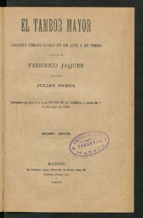 El tambor mayor : juguete cómico-lírico en un acto y en verso, original de Federico Jaques