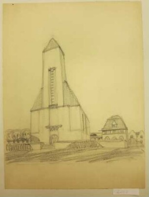 [Kirche und Pfarrhaus an einem weiten Platz]