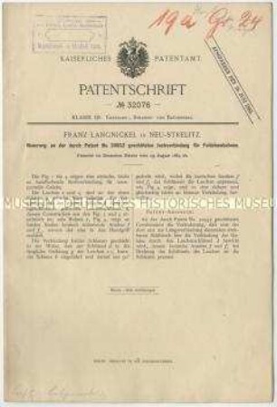 Patentschrift einer Neuerung an der durch Patent-Nr. 30552 geschützten Jochverbindung für Feldeisenbahnen, Patent-Nr. 32076
