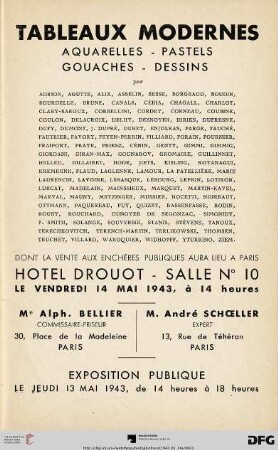 Tableaux modernes : aquarelles, pastels, gouaches, dessins par Adrion, Agutte, ... Ziem ; dont la vente aux enchères publiques aura lieu à Paris, Hôtel Drouot le vendredi 14 mai 1943