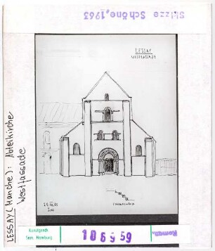 Lessay (Manche): Ehemalige Abteikirche, Westfassade, Skizze Wolfgang Schöne 1963