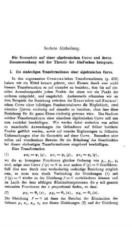 Sechste Abtheilung. Die Geometrie auf einer algebraischen Curve und deren Zusammenhang mit der Theorie der Abel'schen Integrale.