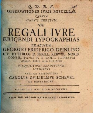 Observationes Ivris Miscellae, Capvt Tertivm. De Regali Ivre Erigendi Typographias