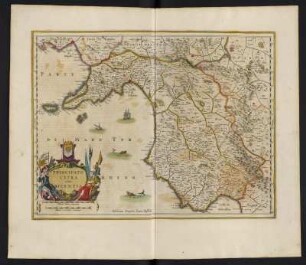 Karte der Provinz Principato Citra des Königreichs Neapel, Italien, ca. 1:330 000, kolorierter Kupferstich, 1645 : Principato Citra olim Picentia. - [Ca. 1:330 000]. - [Amsterdam] : Ioannes Ianssonius, [1645]. - 1 Kt : Kupferst ; 36 x 47 cm. - Maßstab in graph. Form (Milliaria Italica communia, Milliaria Germanica communia)