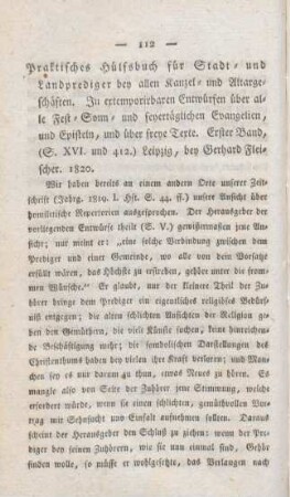 112-118 [Rezension] Praktisches Hülfsbuch für Stadt- und Landprediger bei allen Kanzel- und Altargschäften ; 1