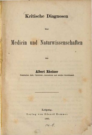 Kritische Diagnosen über Medicin und Naturwissenschaften