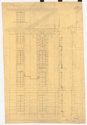 AEG-Hauptverwaltungsgebäude, Berlin: Vorderansicht: Fassadenansicht mit 2 Schnitten 1:25