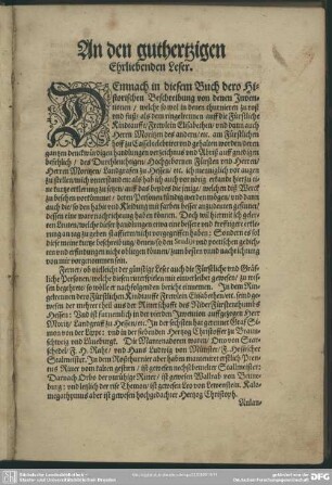 An den guthertzigen Ehrliebenden Leser