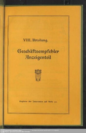 VIII. Abteilung. Anzeigen : VIII. Abteilung. Geschäftsempfehler Anzeigenteil