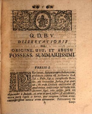 Diss. inaug. iur. de origine, usu & abusu possessorii summariissimi