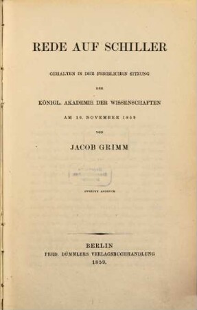 Rede auf Schiller : gehalten in der feierlichen Sitzung der Königl. Akademie der Wissenschaften am 10. November 1859