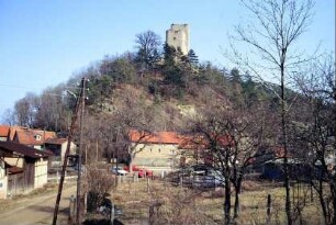 Teil des Ortes mit Burgruine im Hintergrund