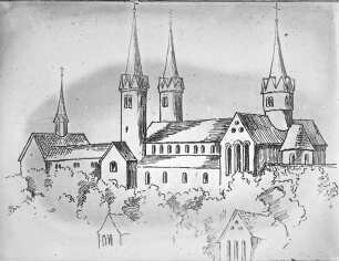 Fulda, Dom St. Salvator und Bonifatius, Ratgarbasilika, hier fertiger Bau als verbundene Ost- und Westkirche, Gesamtansicht (Zeichnung); Ratgar