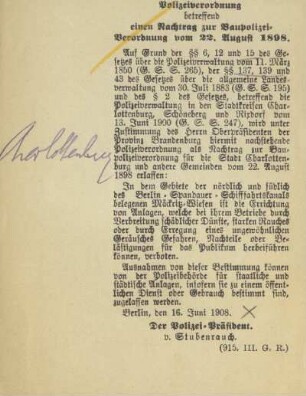 Polizeiverordnung betreffend einen Nachtrag zur Baupolizei-Verordnung vom 22. August 1898. [16. Juni 1908]