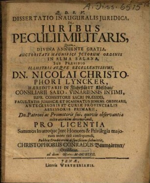 Dissertatio Inauguralis Juridica, De Juribus Peculii Militaris