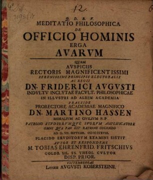 Meditatio philos. de officio hominis erga avarum : Disp. prior