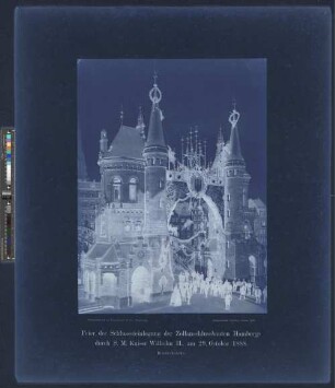 Brooksbrücke : [Brückenkopf] : Feier der Schlusssteinlegung der Zollanschlussbauten Hamburgs durch S. M. Kaiser Wilhelm II., am 29. October 1888 : Aufgenommen, Hamburg, October 1888