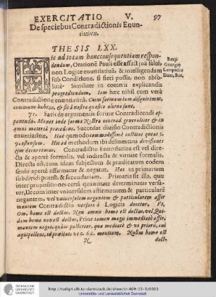 EXERCITATIO V. De speciebus Contradictionis Enuntiativae. THESIS LXX.