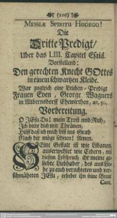 Die Dritte Predigt, Uber das LIII. Capitel Esaiä. Vorstellend: Den gerechten Knecht Gottes in einem schwartzen Kleide