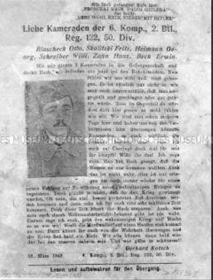 Sowjetisches Abwurf-Flugblatt mit einem Brief eines Wehrmachtsangehörigen an seine ehemaligen Kameraden