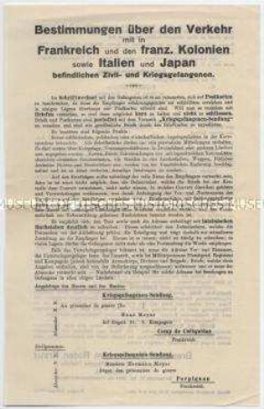 Merkblatt für den Postverkehr mit Kriegsgefangenen in Frankreich und den franz. Kolonien, Italien und Japan