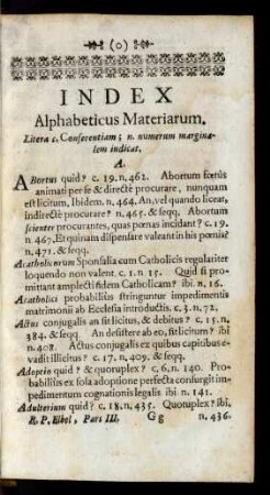 Index Alphabeticus Materiarum. Litera c. Conferentiam; n. numerum marginalem indicat
